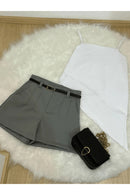 Conjunto Alfaiataria Feminino – Blusa Assimétrica + Short com Cinto Grátis