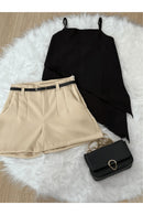 Conjunto Alfaiataria Feminino – Blusa Assimétrica + Short com Cinto Grátis