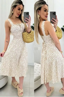 Vestido Floral Midi Feminino Com Bojo e Amarração em Laço Frontal Alça Dividida