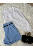 Conjunto Alfaiataria Feminino – Blusa Assimétrica + Short com Cinto Grátis