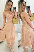 Vestido Floral Midi Feminino Com Bojo e Amarração em Laço Frontal Alça Dividida