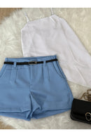 Conjunto Alfaiataria Feminino – Blusa Assimétrica + Short com Cinto Grátis