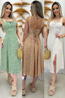 Vestido Floral Midi Feminino Com Bojo e Amarração em Laço Frontal Alça Dividida