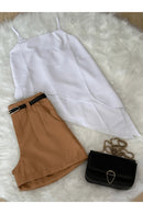 Conjunto Alfaiataria Feminino – Blusa Assimétrica + Short com Cinto Grátis