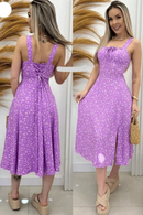 Vestido Floral Midi Feminino Com Bojo e Amarração em Laço Frontal Alça Dividida