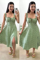 Vestido Floral Midi Feminino Com Bojo e Amarração em Laço Frontal Alça Dividida